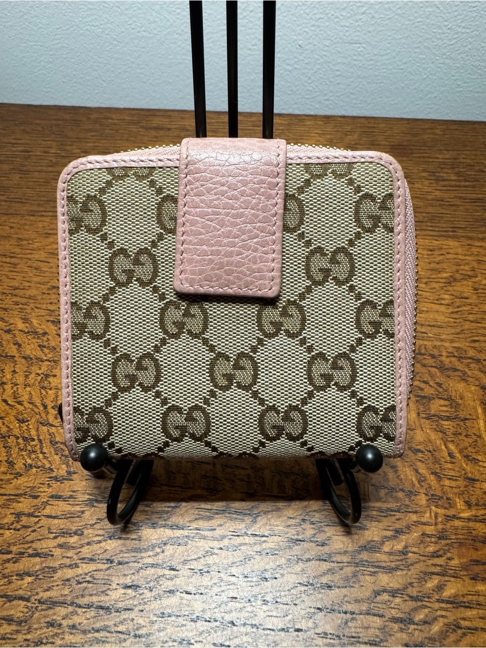 Gucci GG Canvas & Pink Leather French Flap Compact Wallet